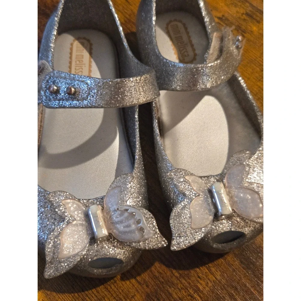 Mini Melissa Silver Glitter Butterfly Mary Jane Jelly Shoes Toddler Size 8c‎ US